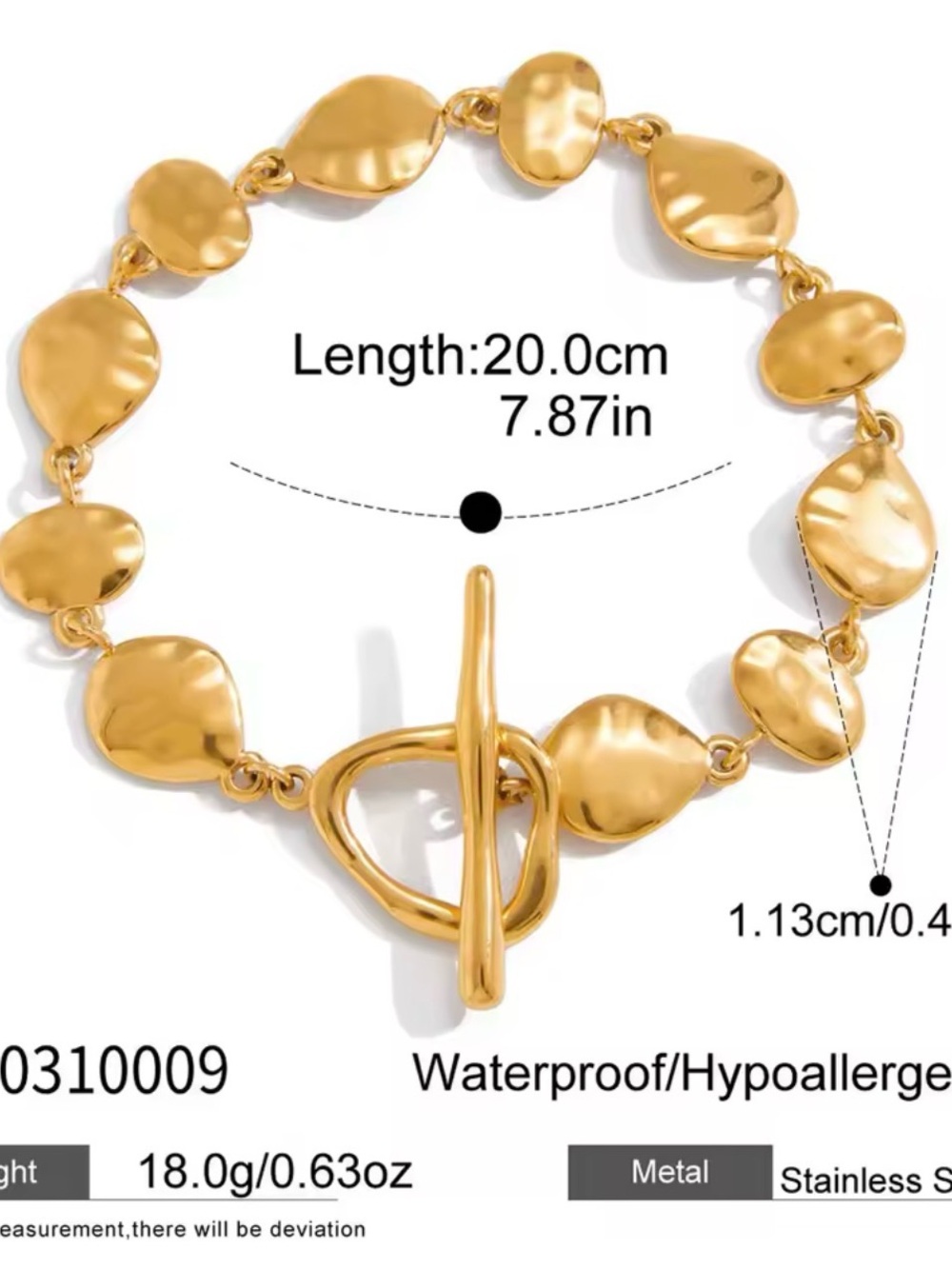 18K Gold PVD Plated Stainless Steel Textured Bracelet Waterproof Hypoallergenic⁠